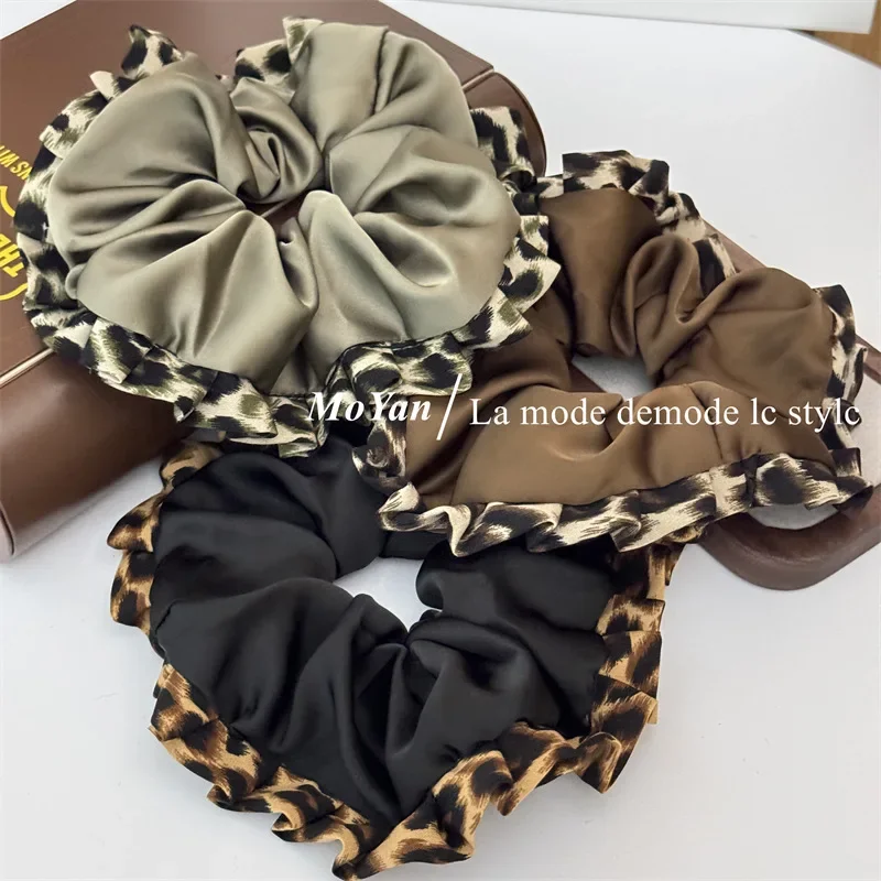 Satin leopard print ruffle leaf edge large intestine hair band female head flower high elastic rubber band high sense head rope