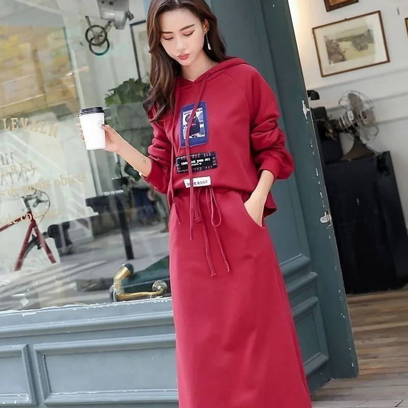 Women\'s Clothing Casual Printing Hooded Sweatshirts Ladies Long Sleeve Pullovers Spring Autumn Thin Fashion Straight Dress Sets