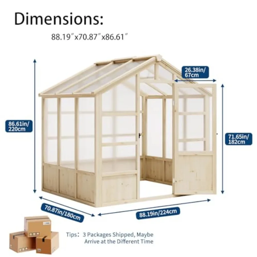 Feet Wood Greenhouse with Polycarbonate Panels, Green House with Adjustable Ventilation and Lockable Door, Weatherproof Outdoor