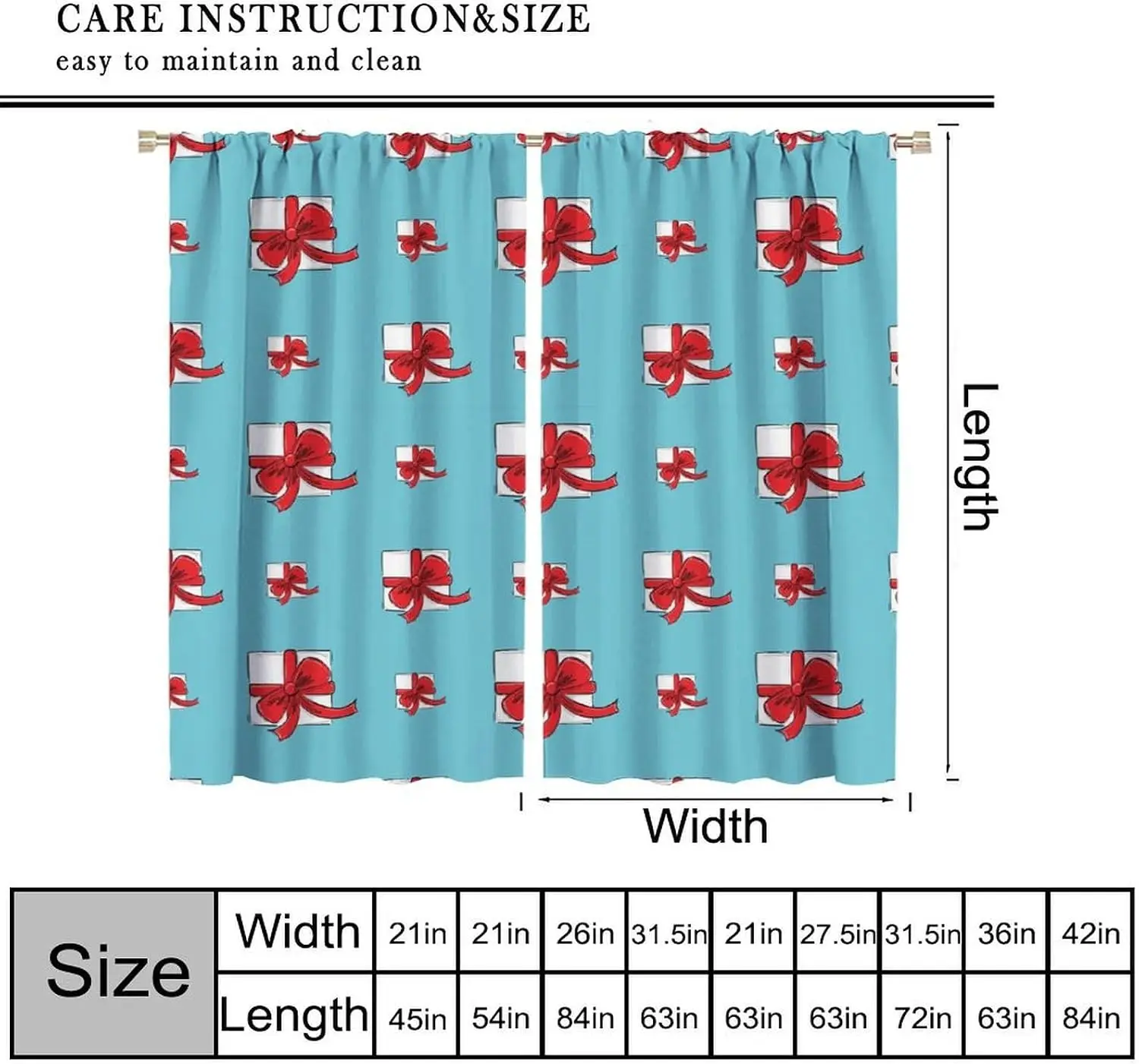 Holiday Gift Window Curtain Sky Blue Base Gift Boxes With Bright Red Bow Rod Pocket Panels Sweet Party Room Decoration