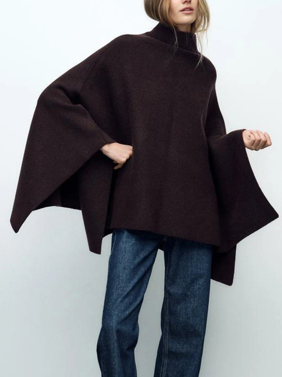 LIMO 2026 New Women Turtleneck Wool Cape Poncho Oversized Batwing Sleeve Warm Top