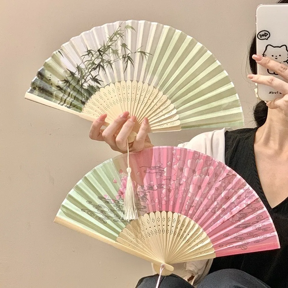 Lightweight Vintage Chinese Folding Fan Floral Print with Tassels Hand Fan Creative Decorative Dance Fan Summer Use