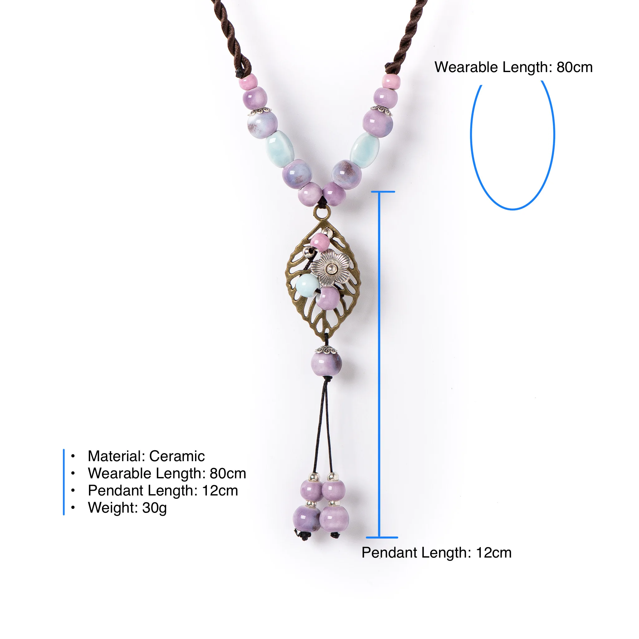 Handmade Heart Pendant Ceramic Necklace for Women Vintage Long Adjustable Boho Sweet Style Jewelry