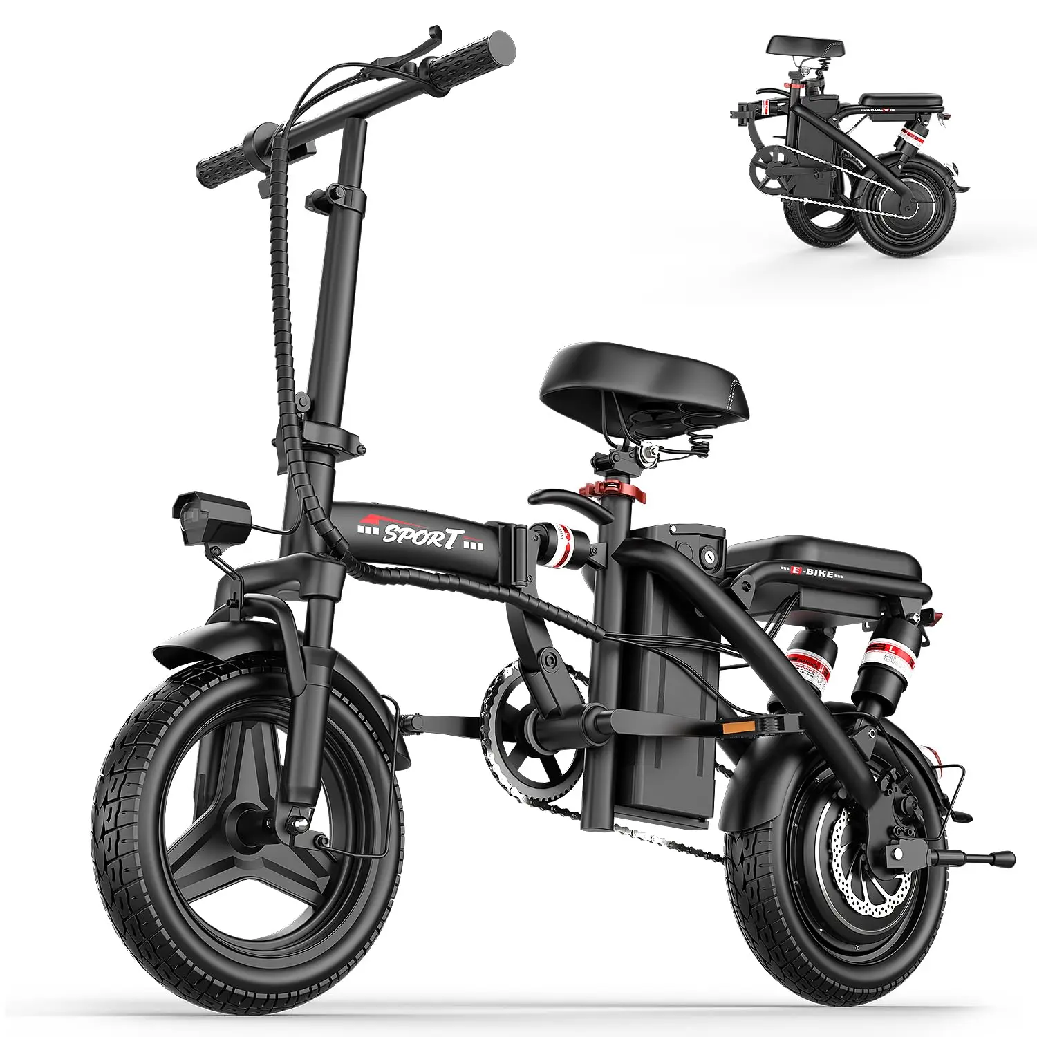 

Foldable Electric Bike for Adults Teens, 1200W Peak Motor, Up to 25 MPH, 45 Miles PAS Range, Dual Suspension, 14”, Customized