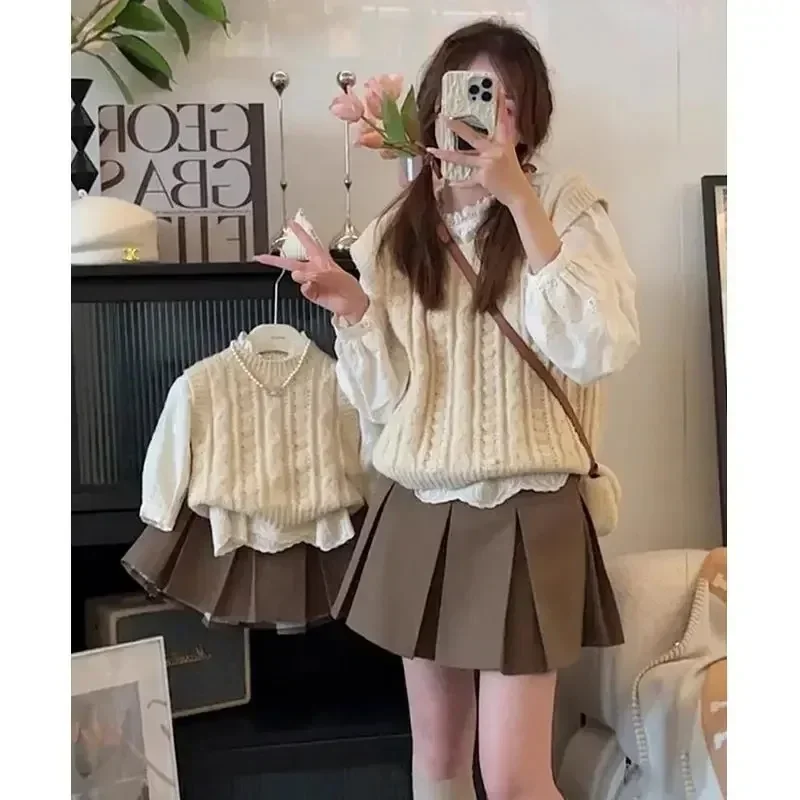 HoneyCherry Mother and Daughter Outfits Knit Vest Sweater+ Blouse+skirts Sets Women Clothing Mother Daughter Matching Clothes