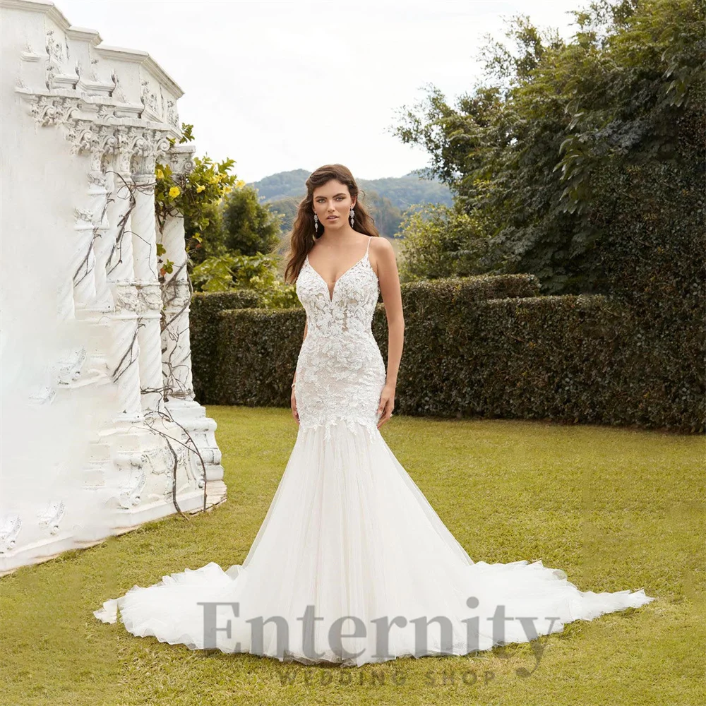 Vestido De novia con tirantes finos y apliques De encaje personalizado, vestido De novia sin mangas con cuello en V y espalda descubierta, Vestidos De Novi 2024