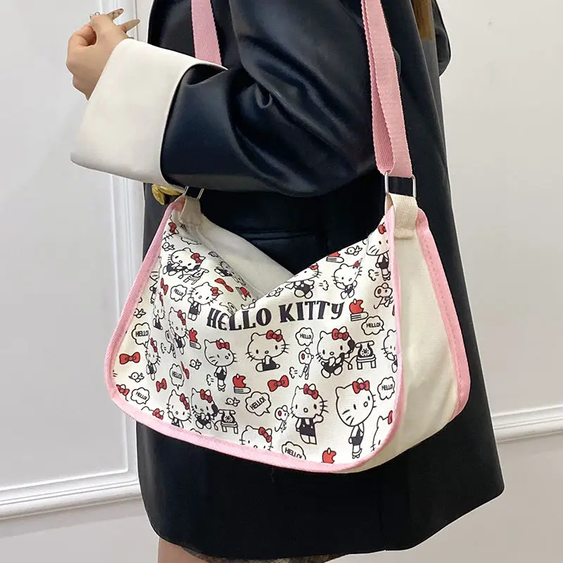 Kawaii Sanrio Hello Kitty Women Canvas Bag Crossbody Bag Large Capacity Commuting Bag Cartoon Portable Storage Bag Dumpling Bag