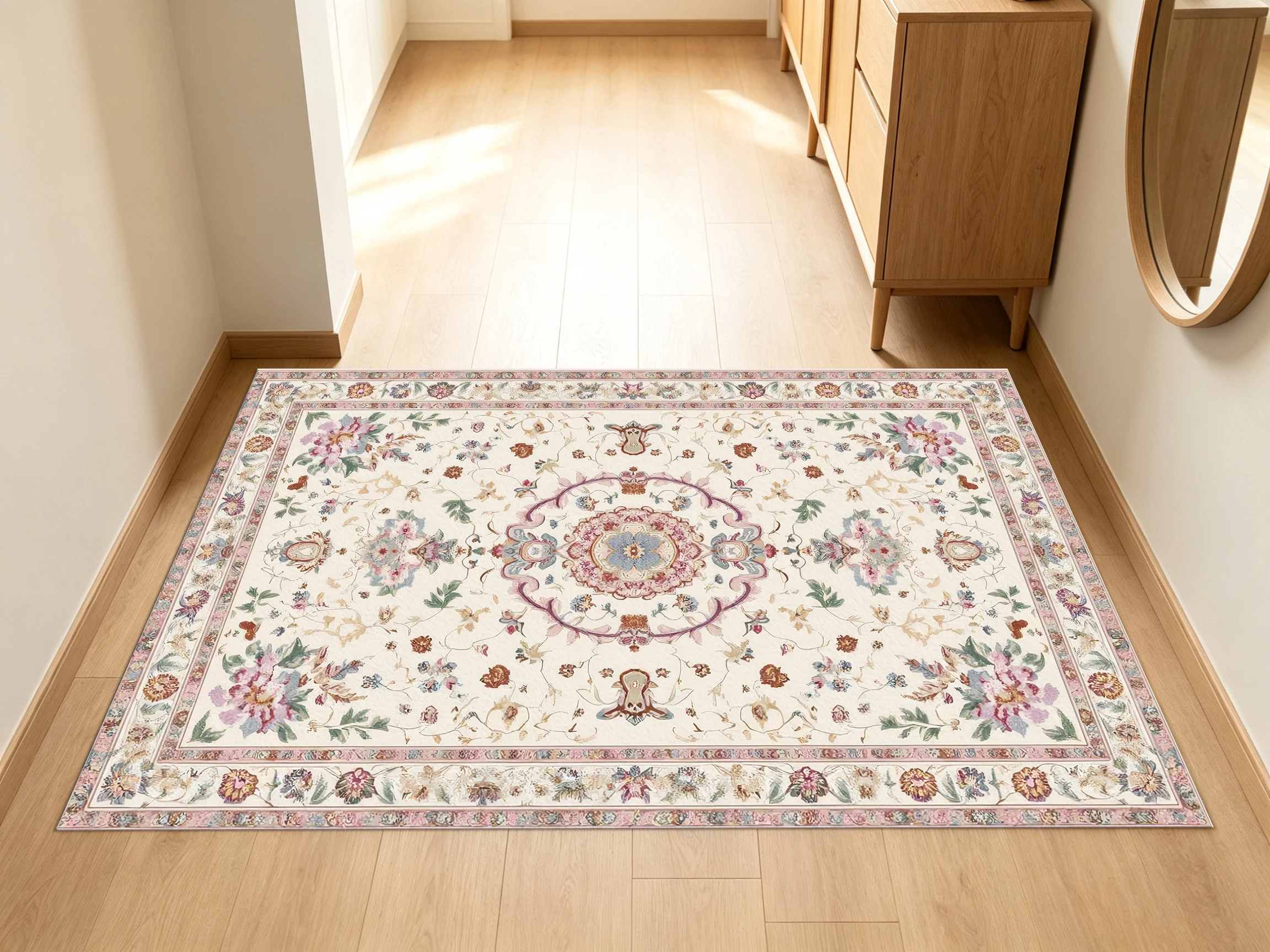 2D Carpet, 2D Large Carpet, Creamy White and Pink Tones, French Vintage Style, Soft and Comfortable to the Touch   Suitable for Living...