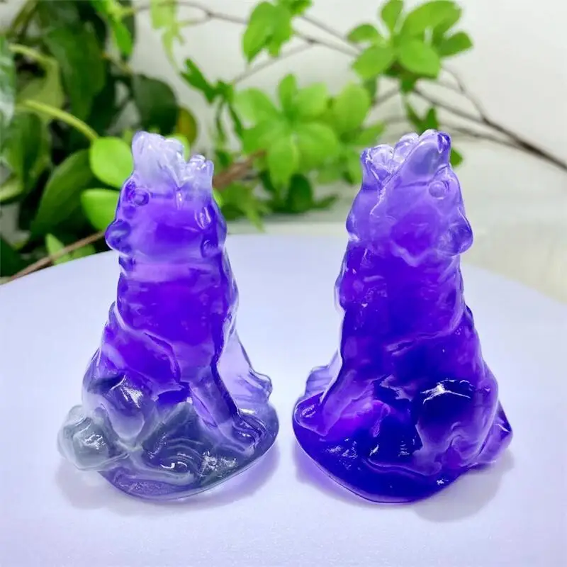 Natural Purple Fluorite Wolf Carving Polished Quartz Animal Healing Stones Gems For Home Decorations