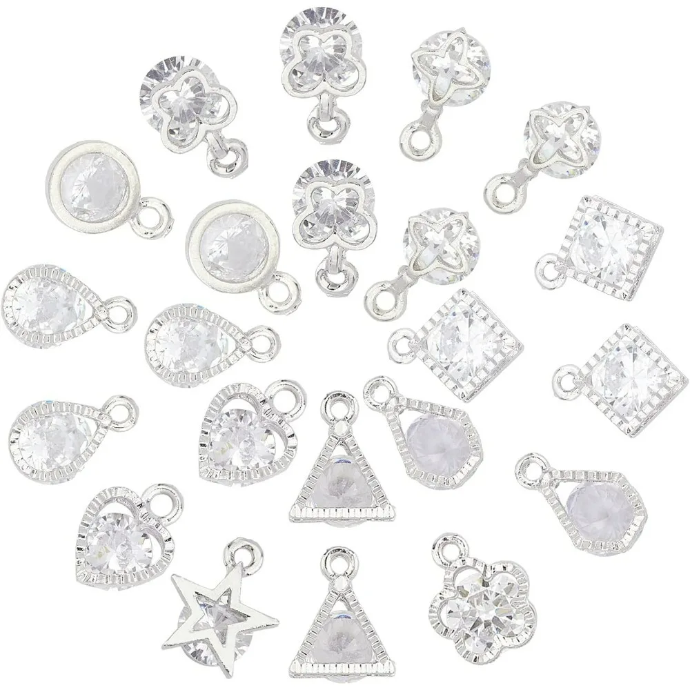 100pcs Cubic Zirconia Charms 10 Shapes Heart Flower Star Triangle Butterfly Cubic Zirconia Alloy Crystal Charms Sets for Craft