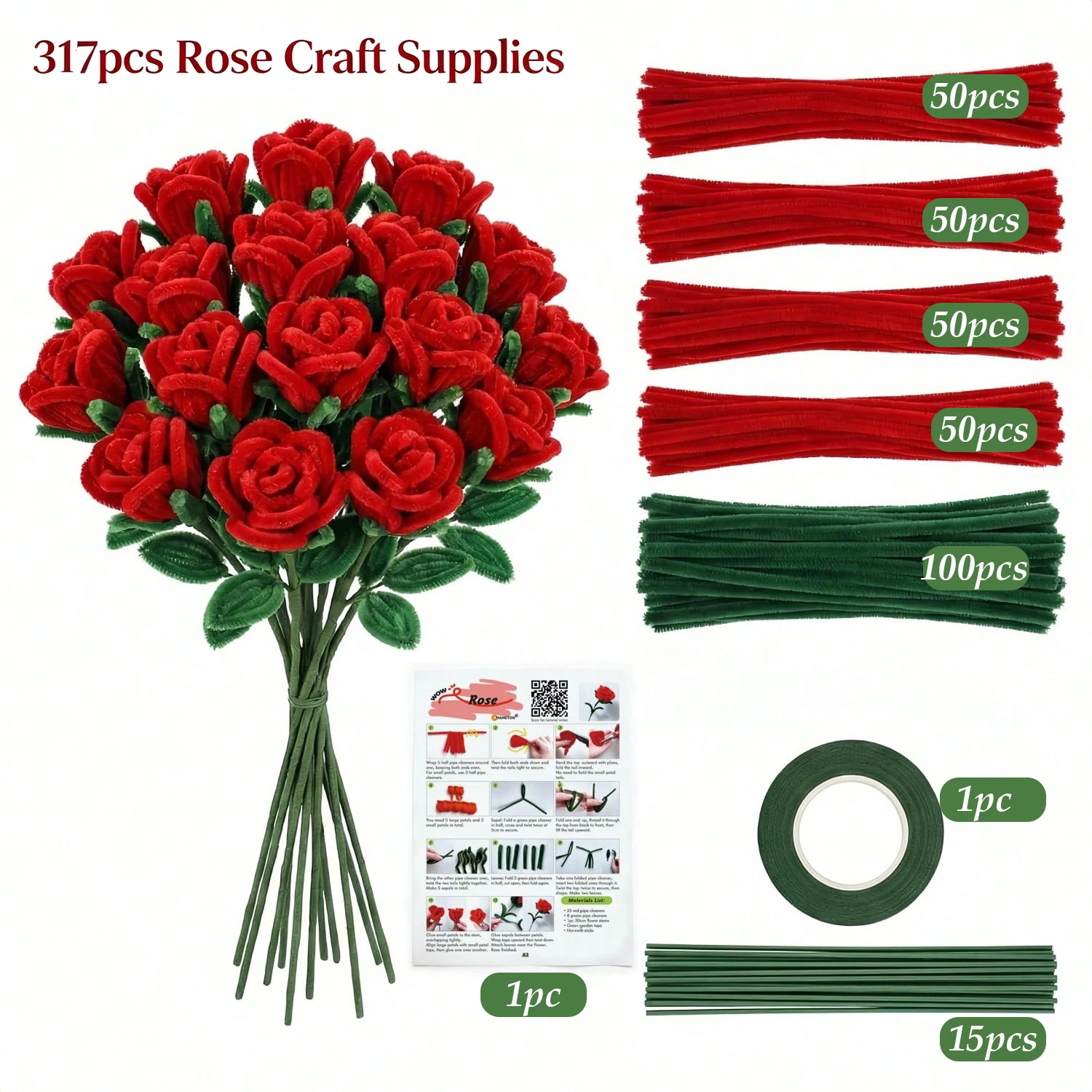 301/317pcs Red Rose Pipe Cleaner Flower Kit with Tutorial Video, Red Chenille Stems for DIY Crafts, For Home Decor
