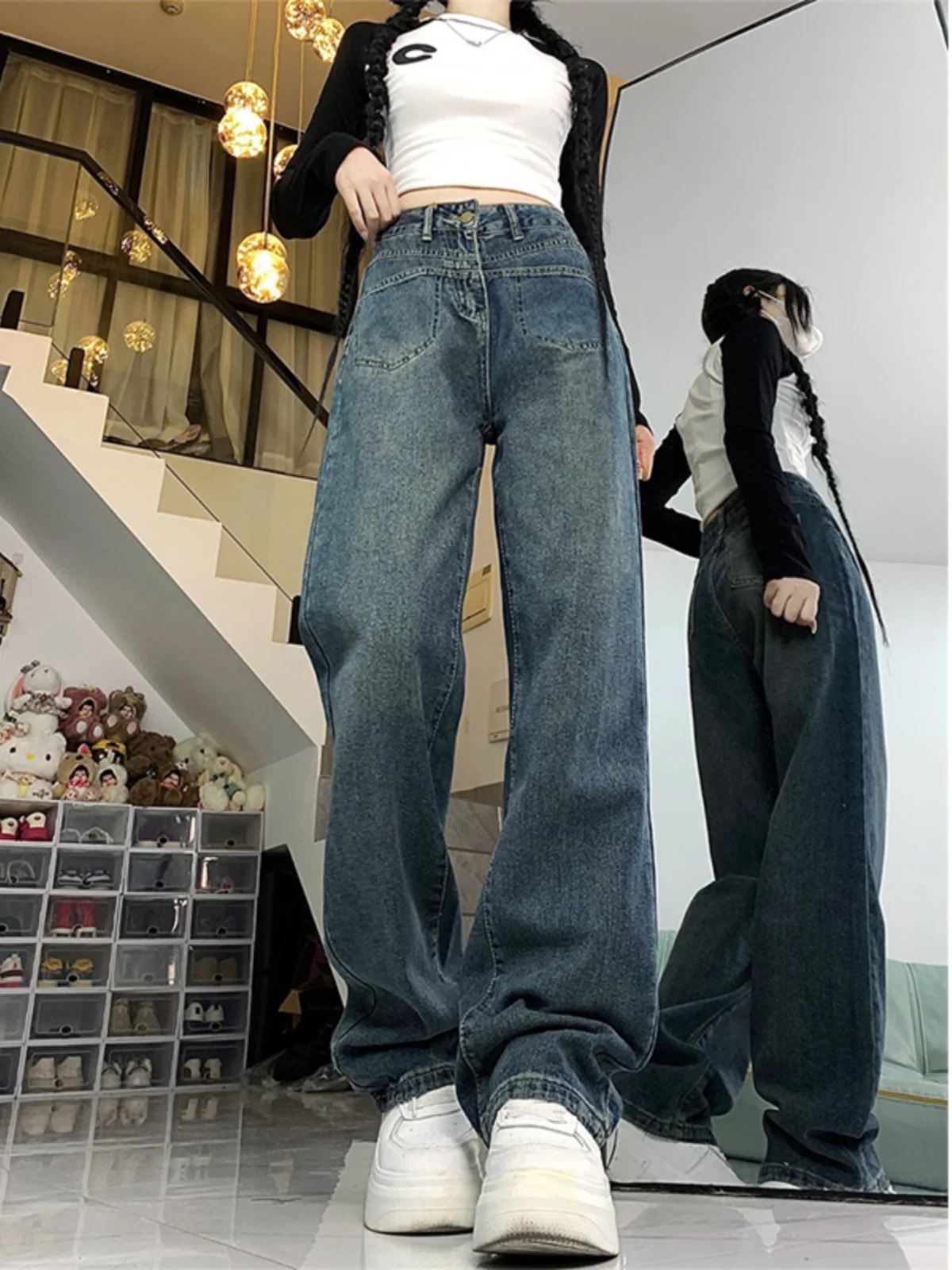 

Широкие джинсы с высокой талией, женские свободные брюки больших размеров для похудения, прямые брюки, осенние новые прочные джинсовые брюки