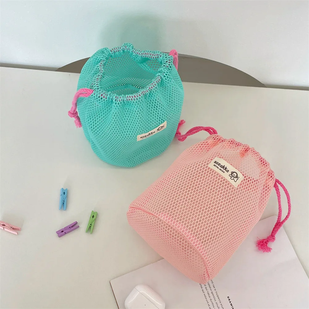 Woven Label Candy Colors Visible Mesh Beach Toy Storage Bag Portable Drawstring Makeup Brush Holder Bag for Girls