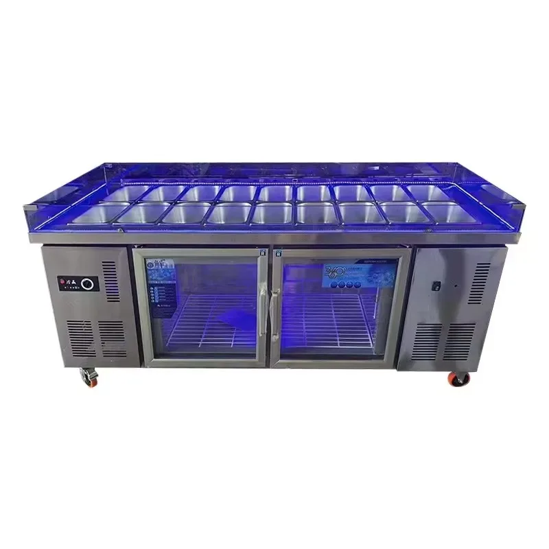 

Commercial Refrigerated Salad Refrigerator 201 Stainless Steel Customizable Desktop Slotted Fruit Salad Display Cabinet