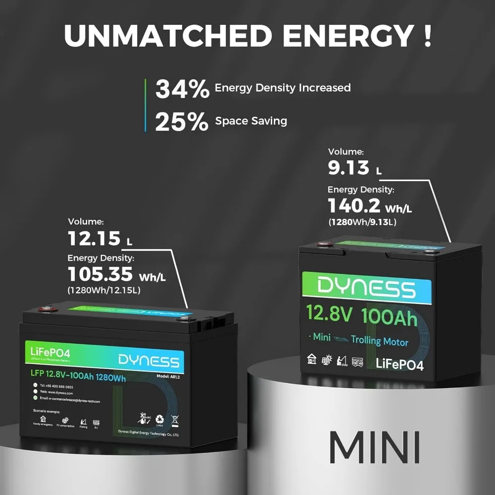 بطارية LiFePO4 12 فولت 100 أمبير Mini TM (عبوة من قطعتين)، BCI Group 24، بطارية ليثيوم 12 فولت 100 أمبير مع حماية منخفضة الحرارة مدمجة 100 أمبير BMS