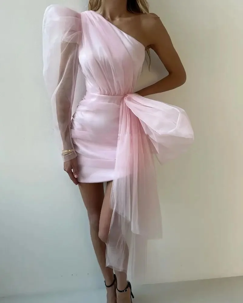 Ranmo um ombro curto vestidos de baile de noite fotos de casamento sessão puff mangas arco rosa vestidos de noite personalizados vestidos formais