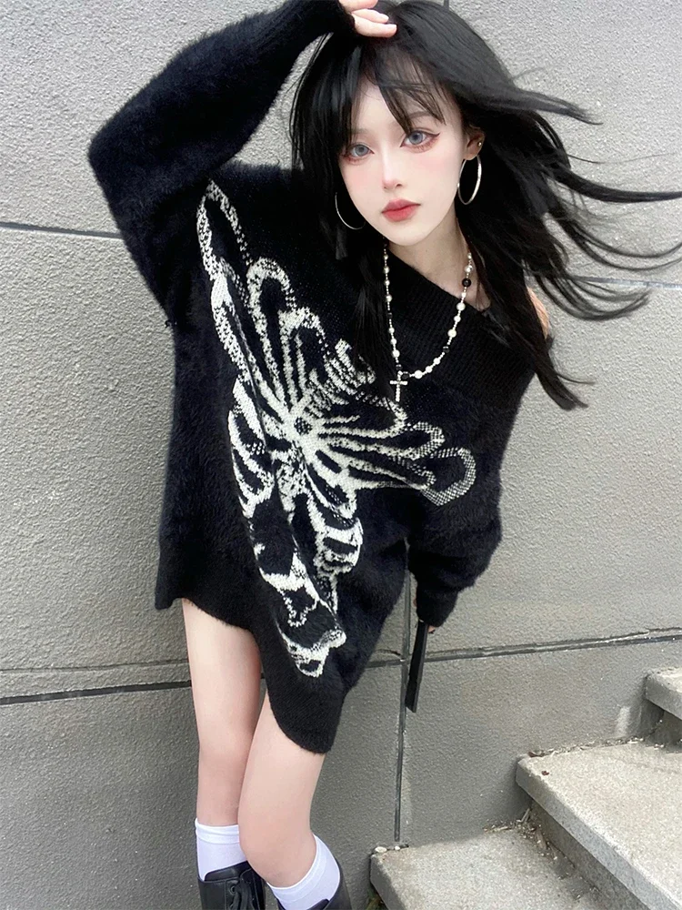 New Autumn Harajuku Gothic Hot Girls Black Bone Print Hip Hop Knitting Long Sleeve Top Fashion Punk Pullover Cool Girl