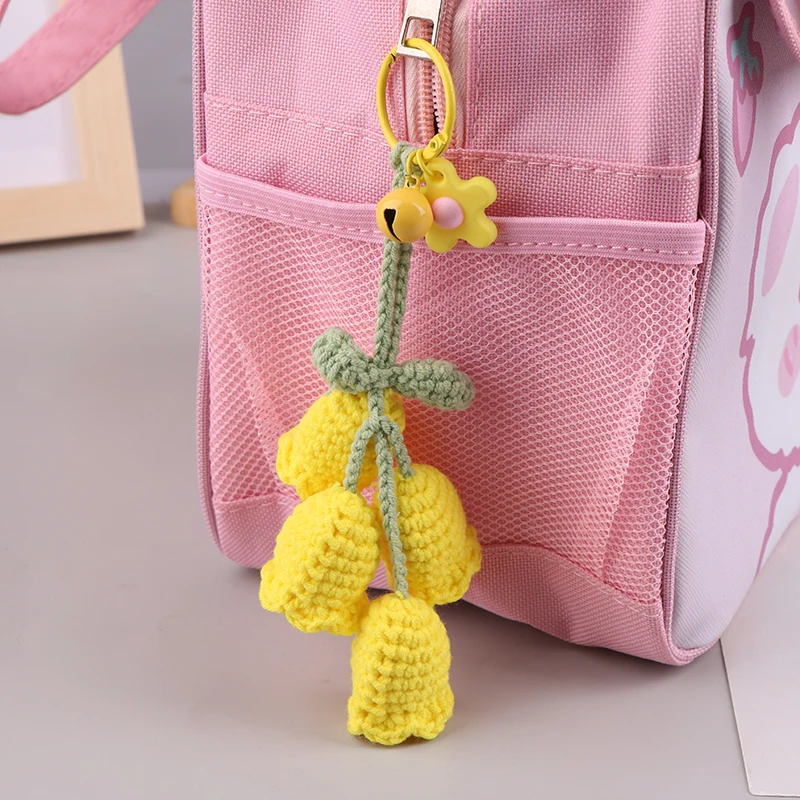 Knitted Bell Orchid Flowers Keychain With Bell Crochet Convallaria Majalis Keyring Bag Pendants Backpack Charms Car Decor Gift