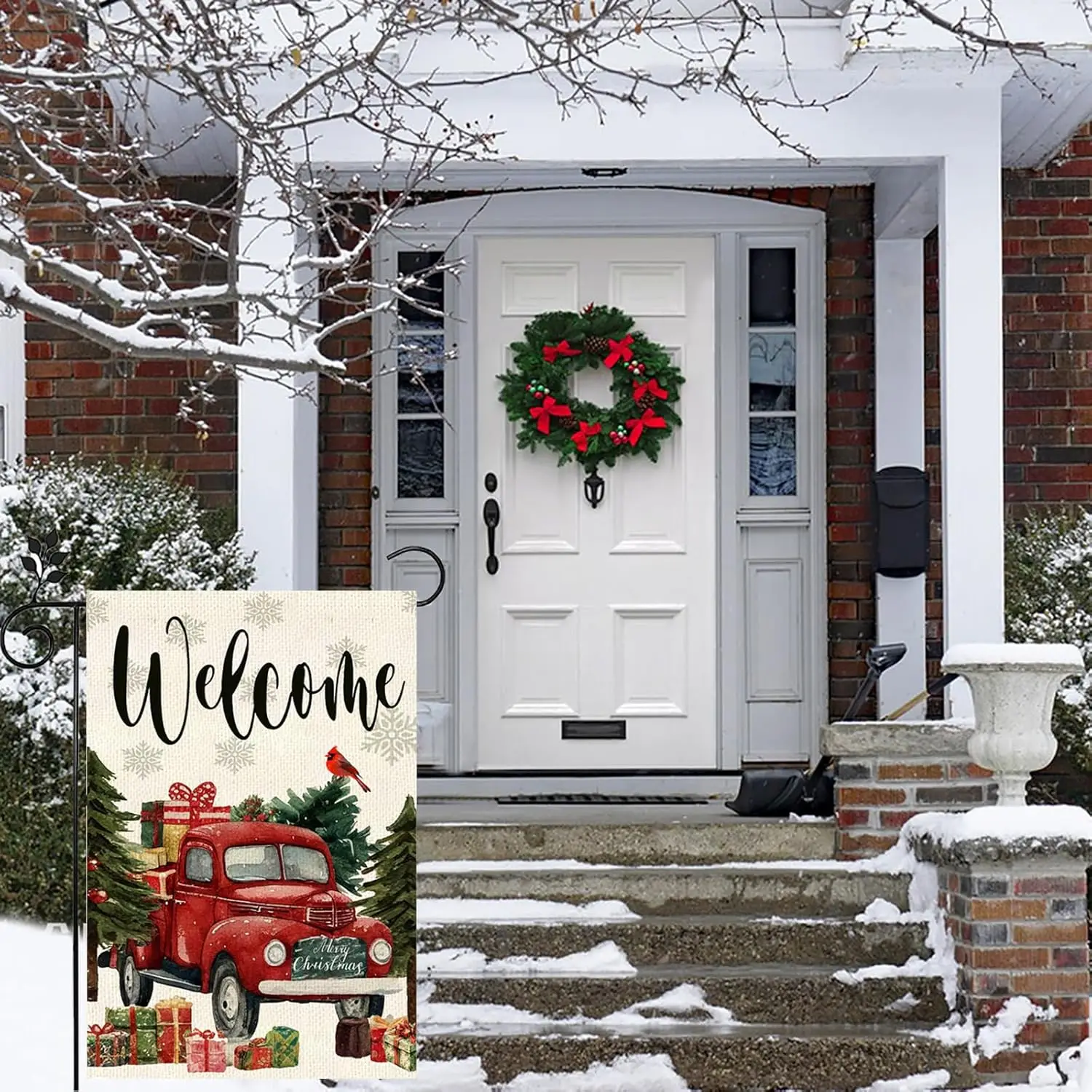 Christmas Garden Flag Christmas Pine Tree Cardinal Red Truck Flag 12x18 Inch Double Sided Outside Xmas Winter Truck RusticFa PPZ