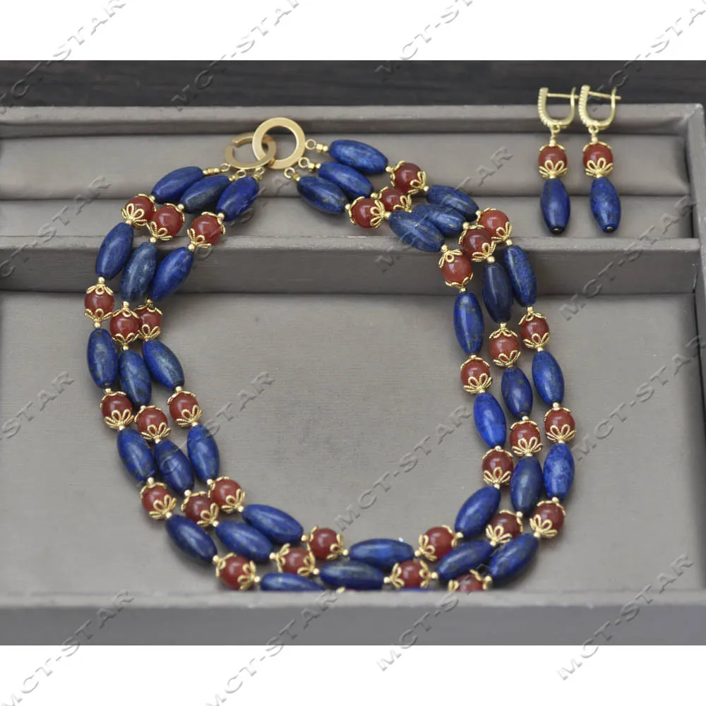 

MCT·STAR Set 34" 20mm Blue Lapis lazuli Red Round Agate Necklace Dangle Earring Custom Jewelry（Z13950 ）