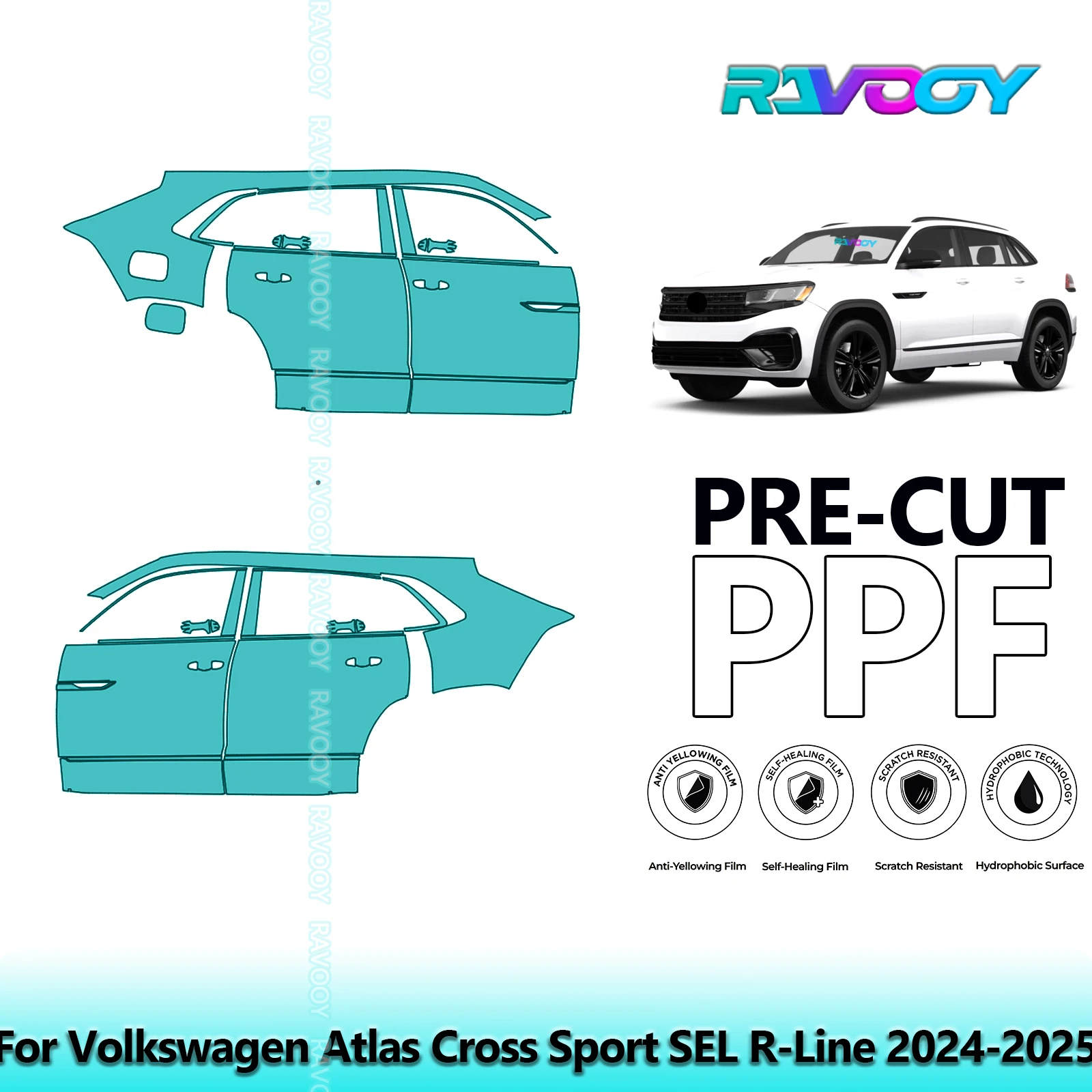 

For Volkswagen Atlas Cross Sport SEL R-Line 2024-2025 8.5mil Pre-Cut PPF Door & A/B Pillar Kit TPU Paint Protection Film Set
