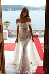 Luxurious Sexy Mermaid Off Shoulder Shiny Mopping Wedding Dresses Beautiful Beach Bride Dresses Backless Custom Made New 2023