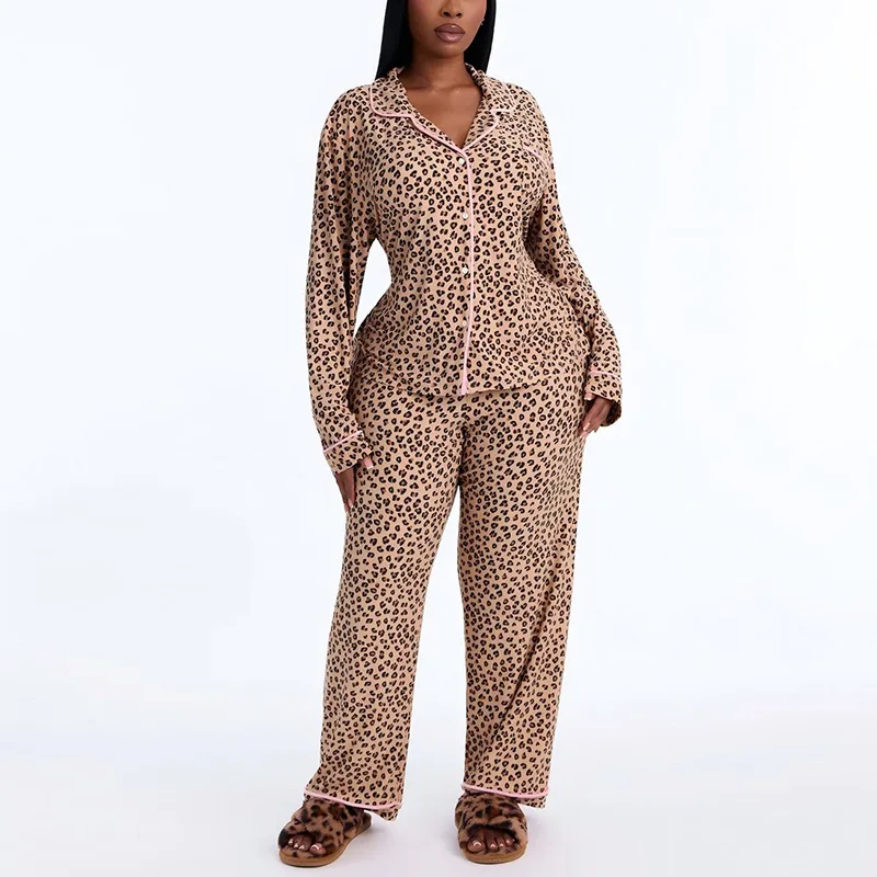 Women Leopard Print Pajama Set 2 Pcs Autumn New Homewear Long Sleeve Lapel Shirt&pants Loungewear Casual Loose Sleepwear 4