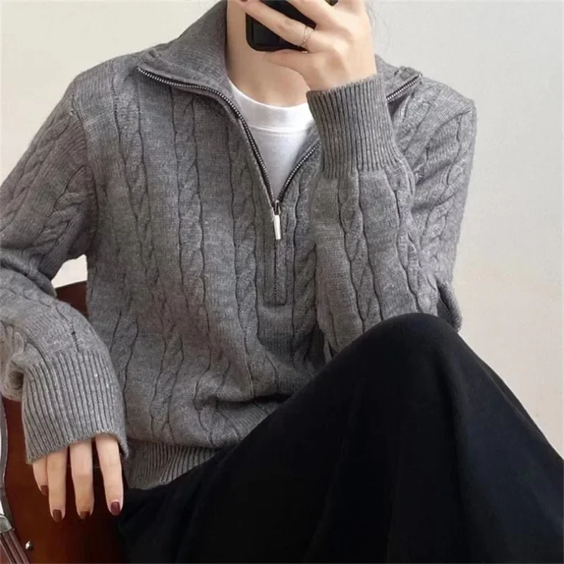 Autumn Oversize Knitted Sweater Women Vintage Pullover Baggy Long Sleeve Zipper Sweaters Lady Half High Collar Korean