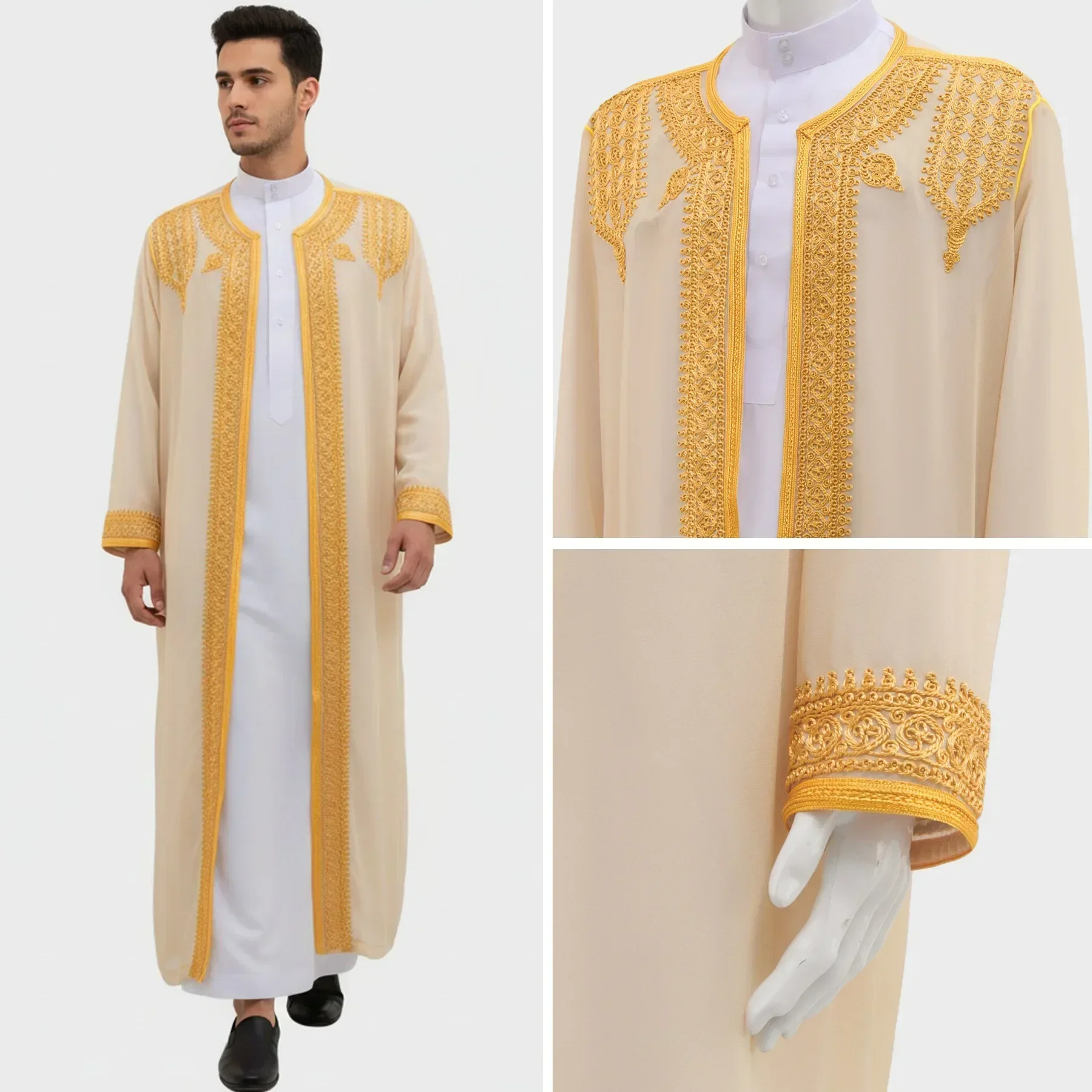 Traditional Arab Men's Robe Thobe Embroidered Dress Middle Eastern Ethnic Jubba Thobes Eid Djellaba Kimono Abaya Thoub Dishdasha