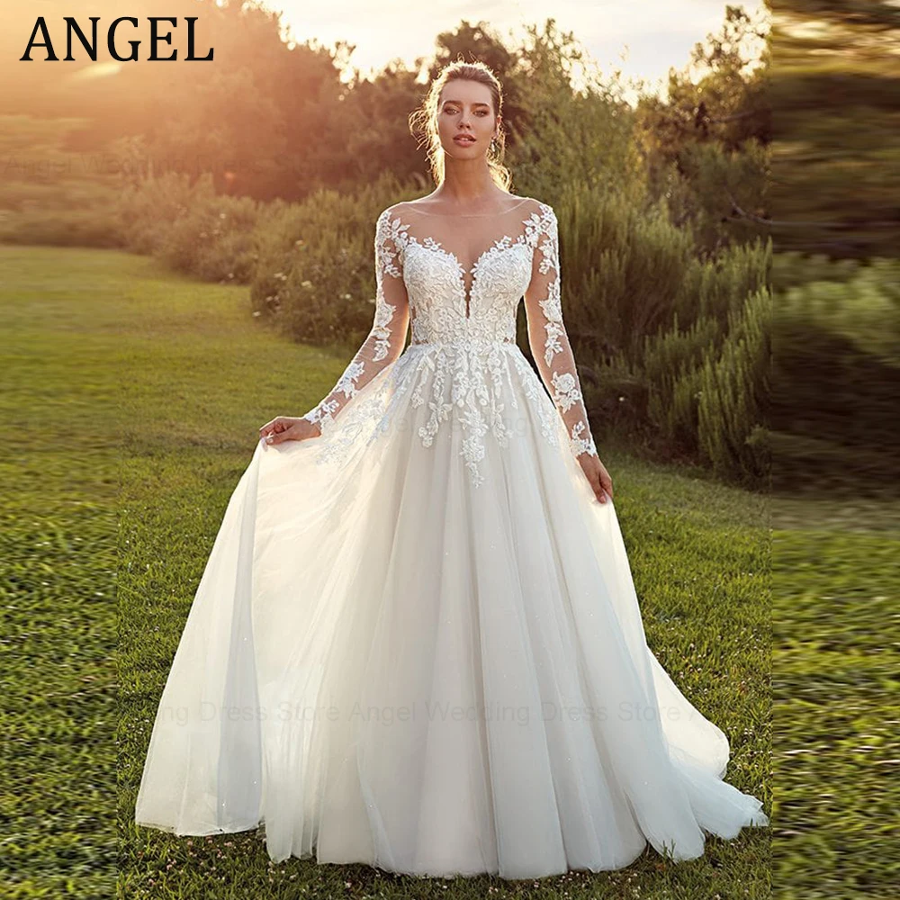 Vestidos de novia de Ángel Pastrol para mujer, manga larga, ilusión en la espalda, vestidos de novia, apliques, línea A, tul