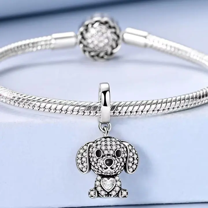 

925 Sterling Silver Dog Zircon Sparkling Charm Fit Original Bracelet Diy Pendant For Woman Fine Jewelry