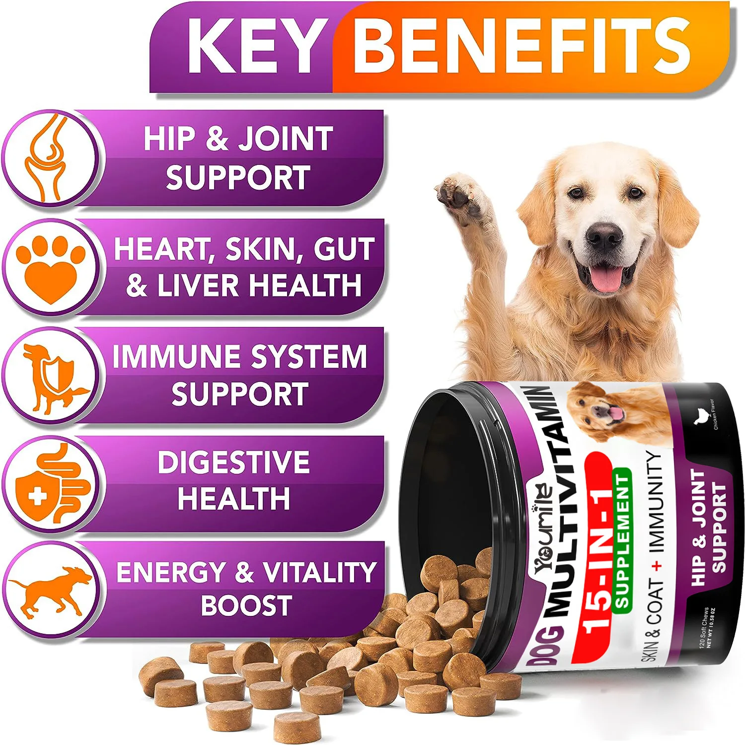 Dog Vitamin Supplement 15-in-1 Dog Multivitamin, Vitamins for Dogs Hip Joint, Skin & Gut Health, Immune System, Improve Mobility