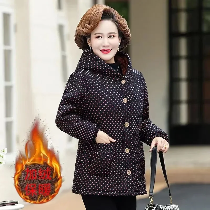 5XL Mom's Winter Outfit With Plush And Thick Parka Middle-Aged And Elderly Women's Hooded And Warm Jacket Lady's Short Outcoat