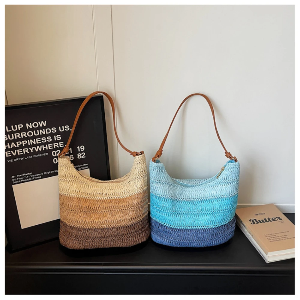 Seaside Vacation Gradient Color Large Capacity Straw Weaving Shoulder Bag Women's Fashion Simple Commuting Versatile Tote Bag