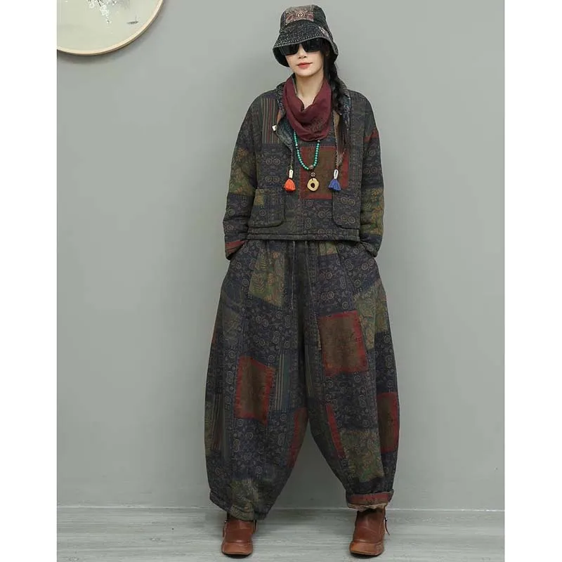 Thick Warm Cotton Linen Casual Pants Sets Women New Arrival 2026 Winter Vintage Style Floral Print Loose Female Harem Pants