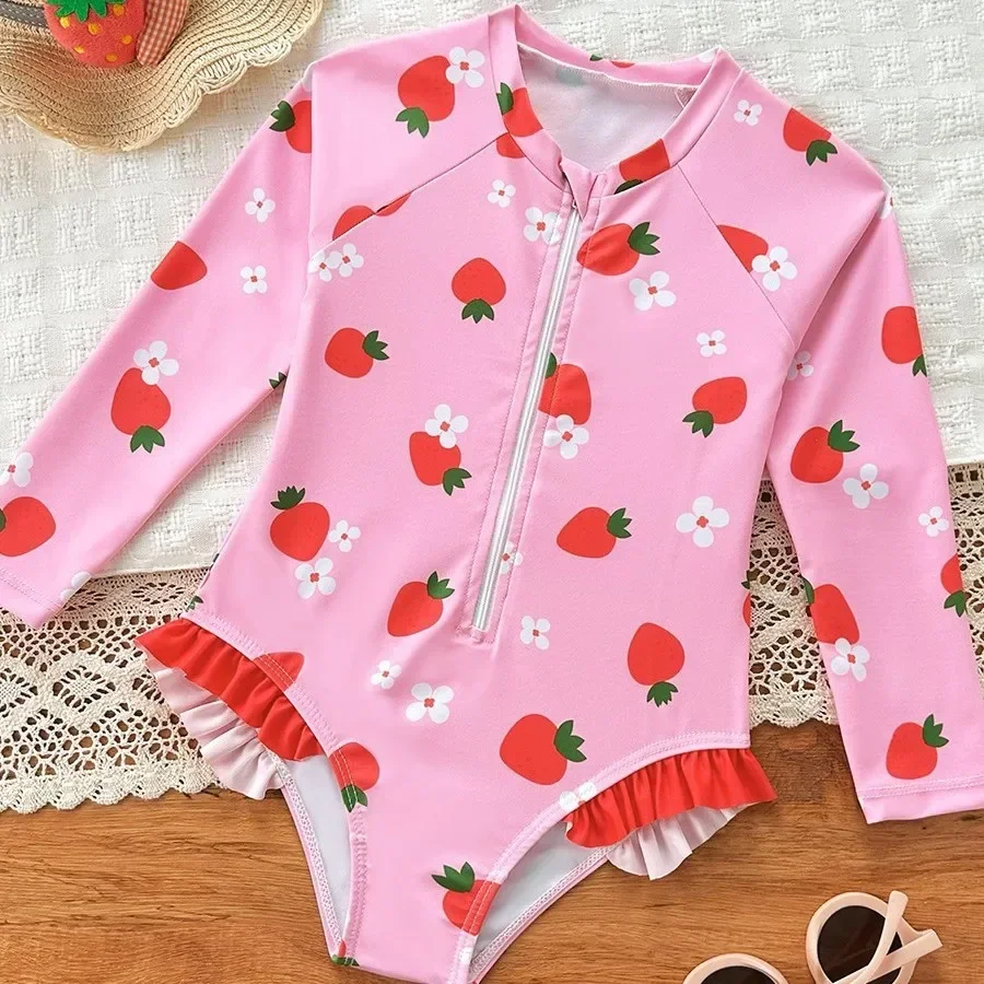 

New Summer Girls One-piece Swimsuit Kids Cute Cartoon Strawberry Long Sleeve Zipper Quick-Dry Swimwear Baby Bathing Costume