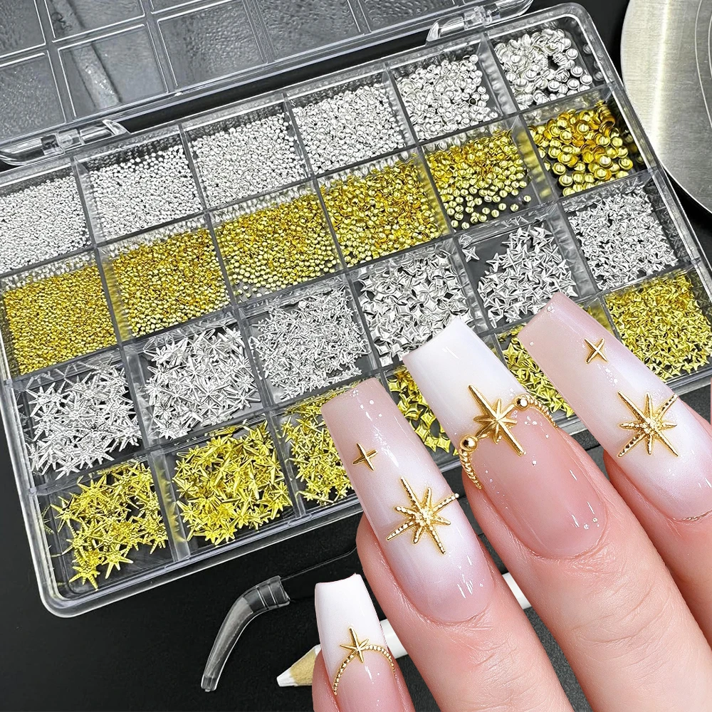 24Grids Grids Gold Silver Starburst Metal Nail Charms Flat-back Round Rivet Doji Star Nail Rhinestone Starlight Nail Decorations