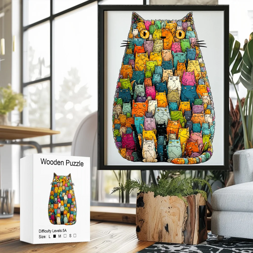 

Wooden Cat Jigsaw Puzzle: High-Quality Waterproof Wood, Unique Shape Pieces, 4-6H Assembly, Home Decor & Family Fun Gift