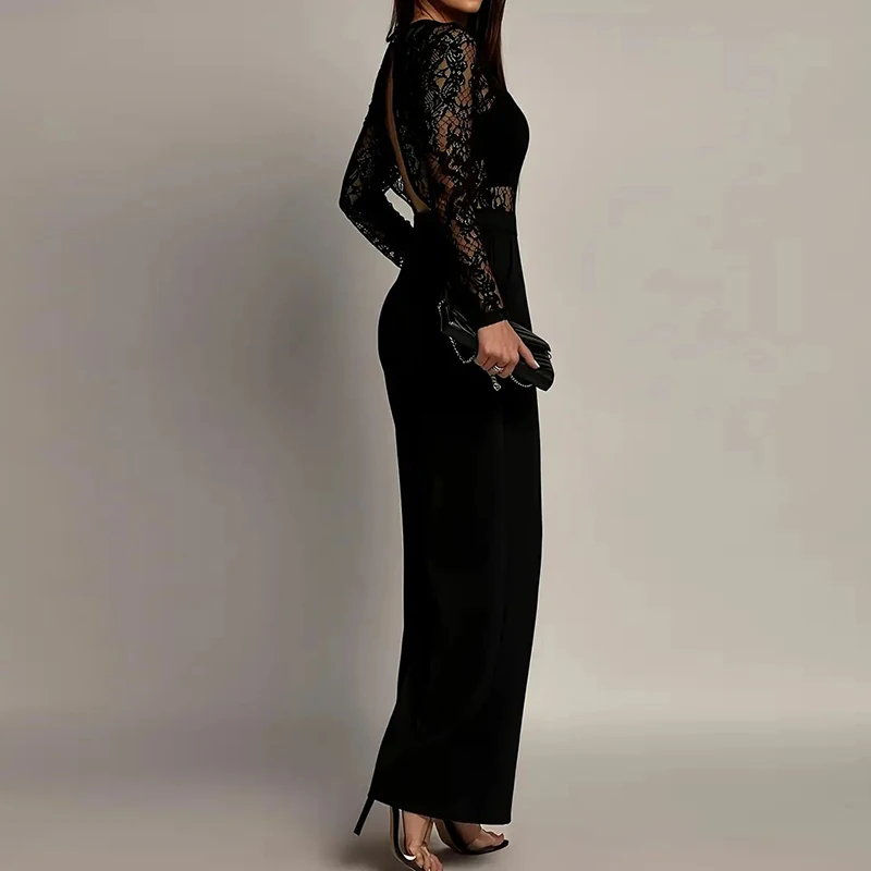 

Casual long sleeved spring long jumpsuit lace embroidery fashionable jumpsuit summer elegant high waist slim fit game set