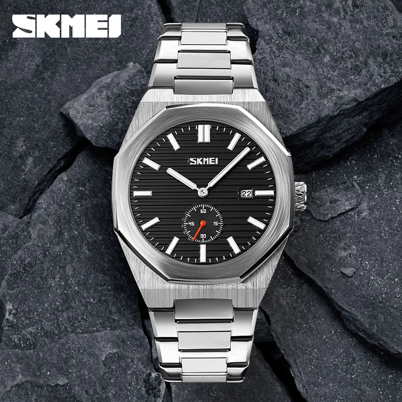 SKMEI Fashion Men\'s Metal Brushed Texture Watch Business Style Three-Dimensional Metal Hour Markers Waterproof Quartz Watch 9262