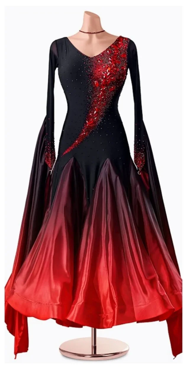 

Standard Dance Dress competition ballroom dancing dress tango waltz gown dancing competition dress gradation color black & red