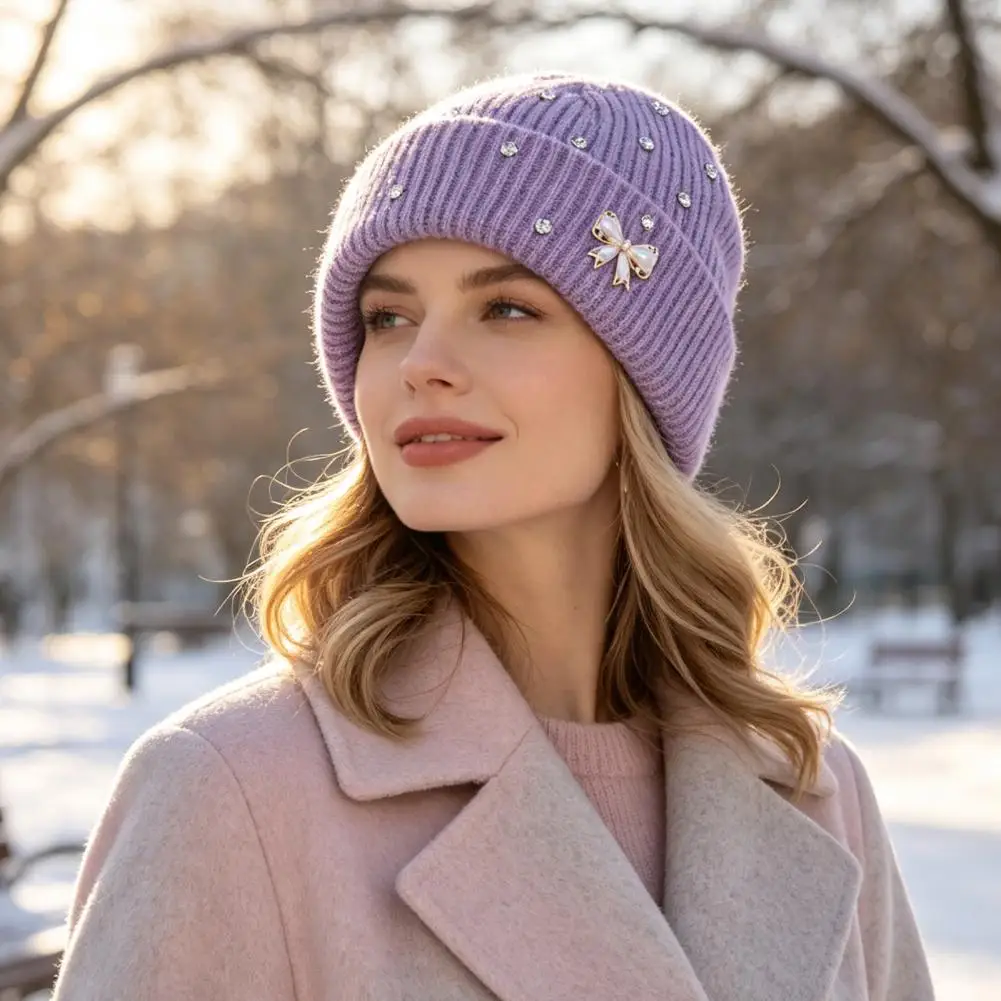 Warm Cuffed Hat with Rhinestones Elastic Weather Hat Winter Knitted Hat with Rhinestone Faux Pearl Bow Cuffed Ribbed for Women