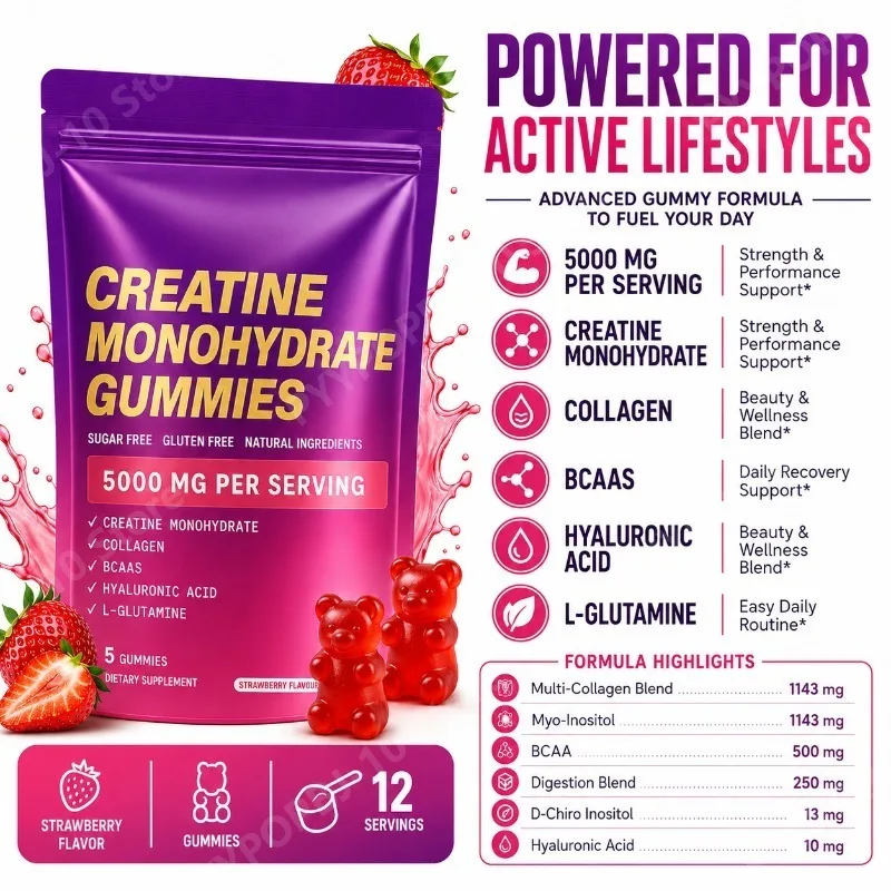 60 Count Creatine Monohydrate Gummie with Collagen Biotin Vitamin D3 Hyaluronic Acid Daily Pre & Post Workout Recovery Support