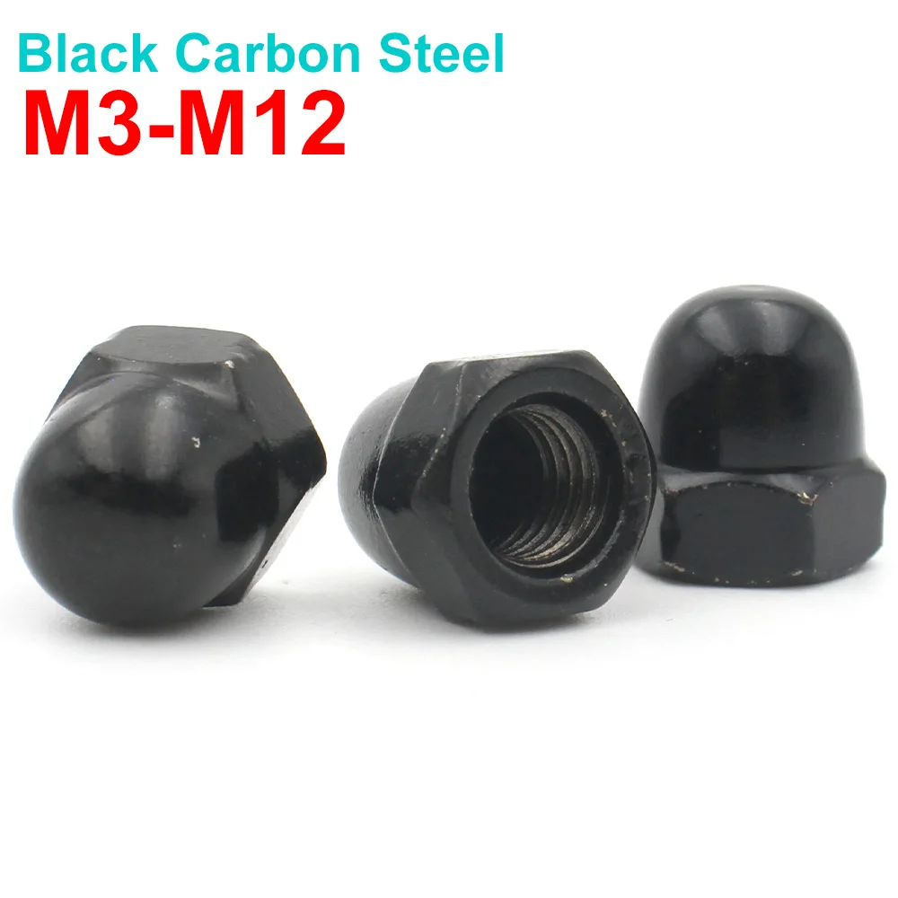 3/4/10/20/30/40pcs M3 M4 M5 M6 M8 M10 M12 Black Carbon Steel Metric Acorn Nuts Crown Hex Nuts Domed Cap Nuts