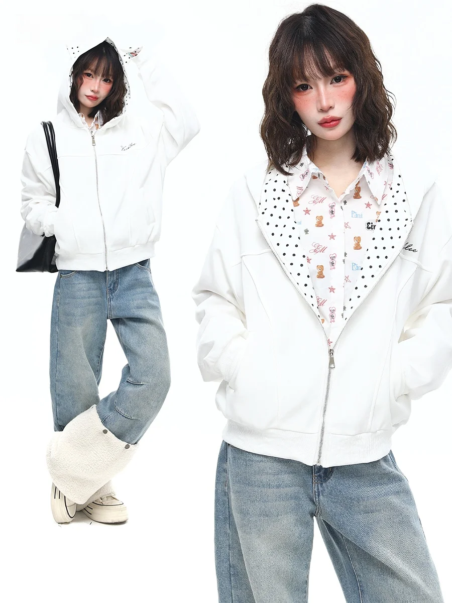 

Sanowers Korean Polka Dot Print Hooded Open Cardigan Sweatirt Women's Loose Casual Hat irt Outerwear Trendy Spring New