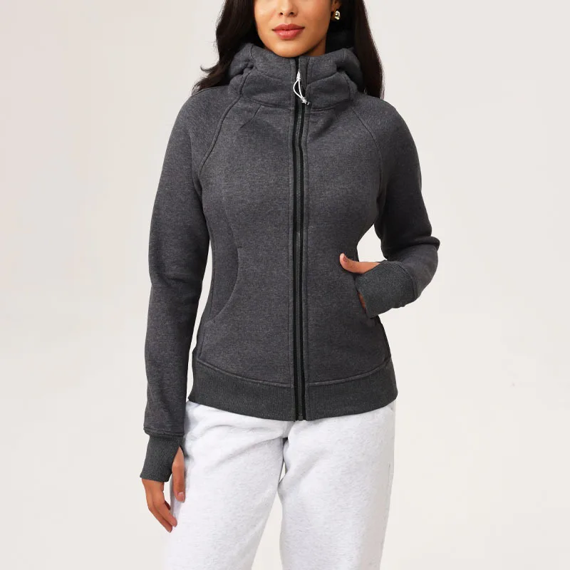 Fleece Warm Outdoor Sports Jacket For Women Front Zippered Tight Slimming Fit Winter Thermal Yoga Fitness Hooded Jacket Coat