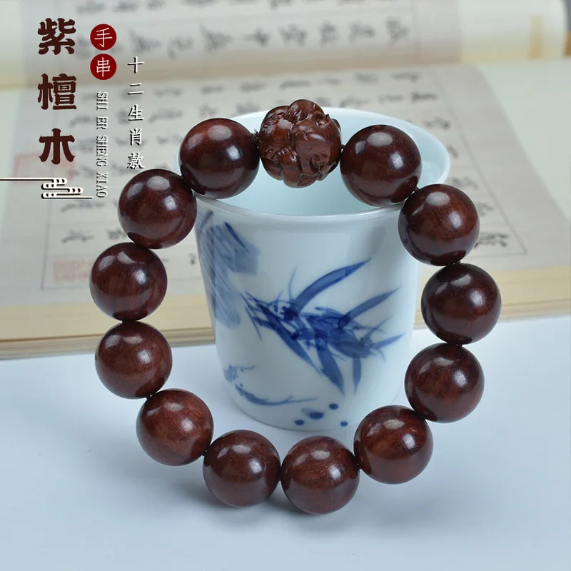 Rosewood carved zodiac animal , vintage style, simple elegant men and women, wooden bead bracelet for leisure an