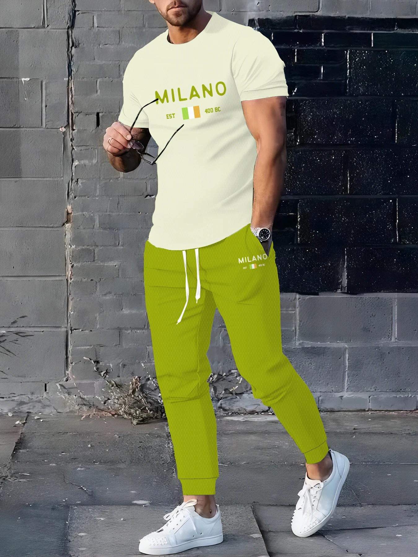 

A new summer streetwear men's set featuring simple casual fashionable soft comfortable and breathable letter prints