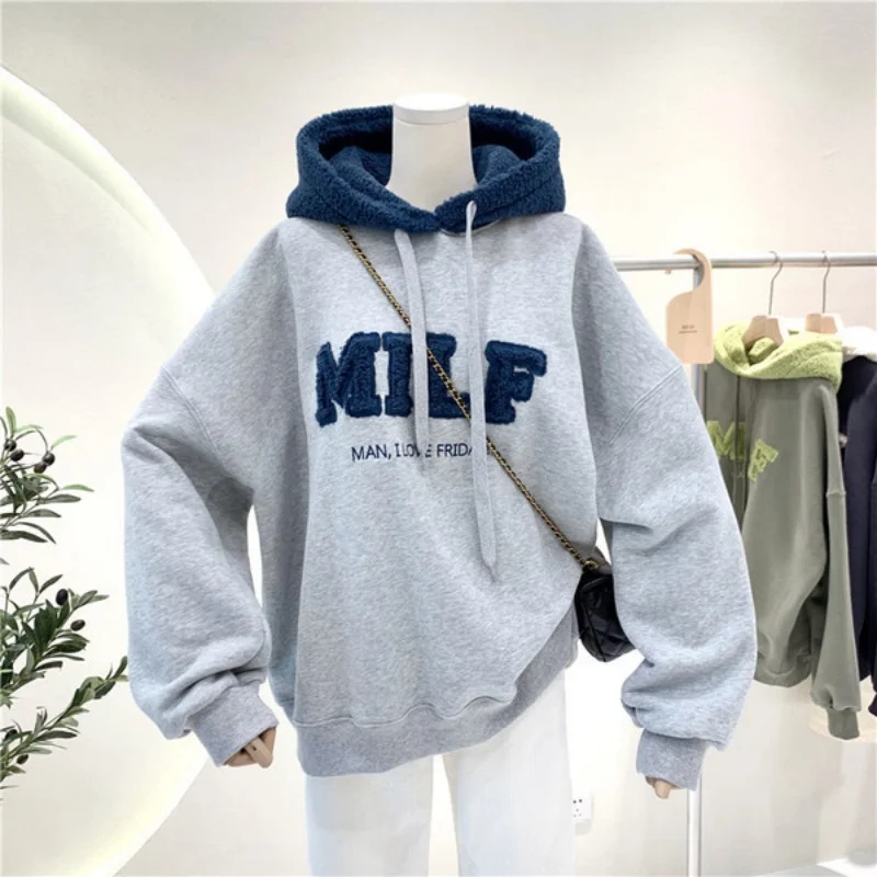 Moda retalhos oversize moletom feminino inverno casual solto algodão grosso carta manga longa hoodies feminino streetwear