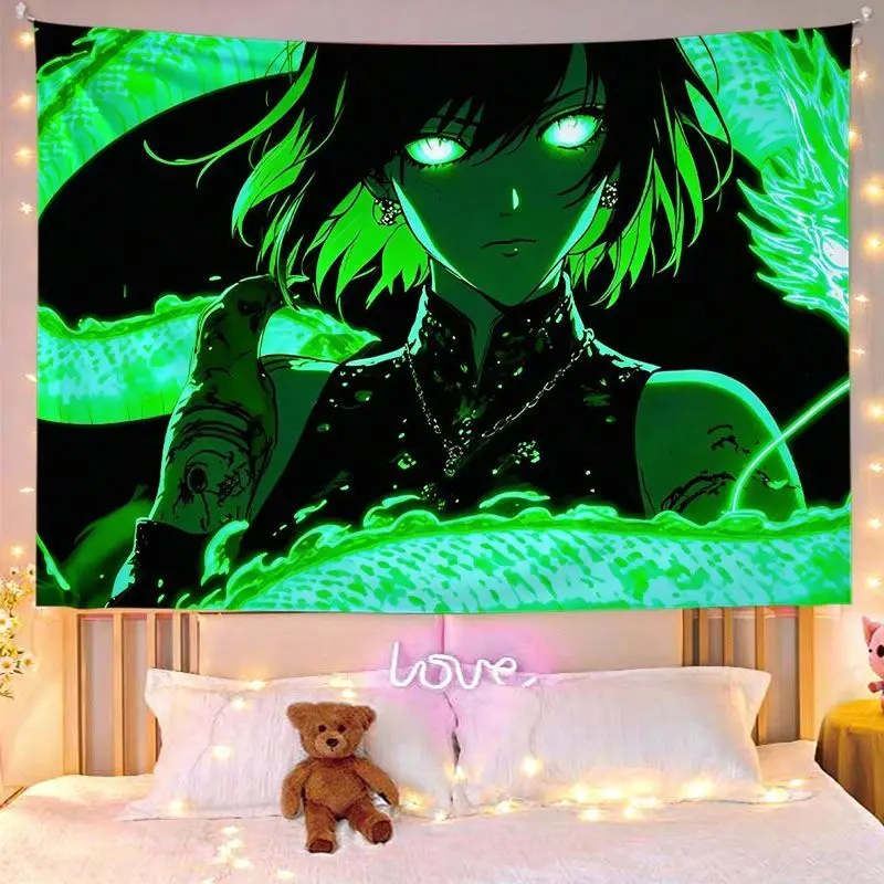 VIKAMA Blue UV Anime Girl Dragon Tattoo Tapestry Home Art Piece Wall Decor Bedroom Dorm Blacklight Cool Soft Durable Cozy Gift